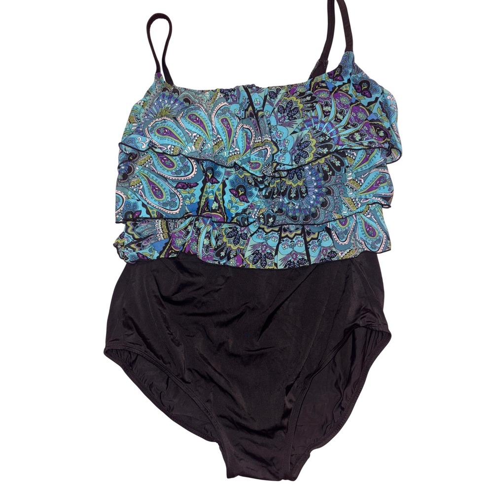 Longitude Women Plus Size Blue Purple Paisley One Piece Ruffle Swimsuit 20W